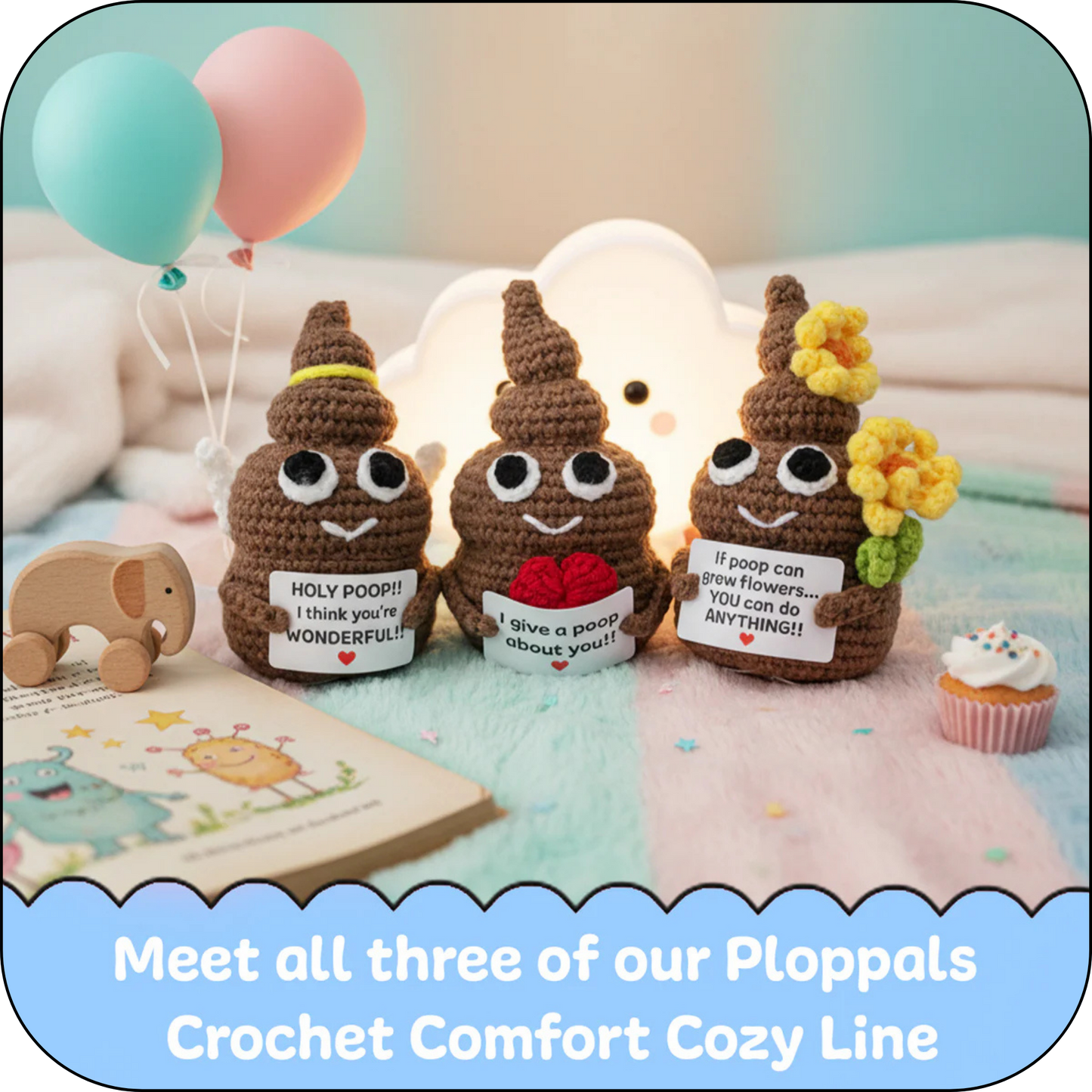 Comfort Cozy Flower Ploppal – Emotional Support Crochet Plush with Affirmation Card, Gift-Ready