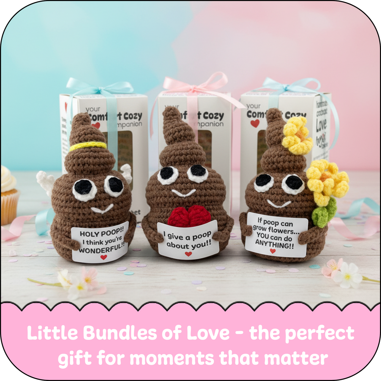 Comfort Cozy Ploppals Variety Set of 3 – Heart, Flower & Holy Emotional Support Crochet Plush with Affirmation Cards, Gift-Ready