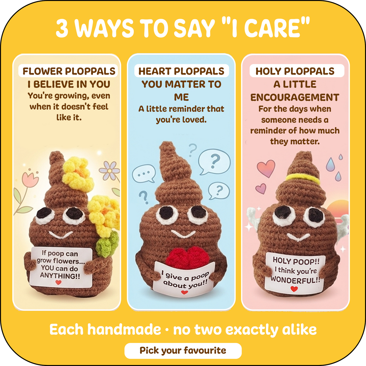 Comfort Cozy Ploppals Variety Set of 3 – Heart, Flower & Holy Emotional Support Crochet Plush with Affirmation Cards, Gift-Ready