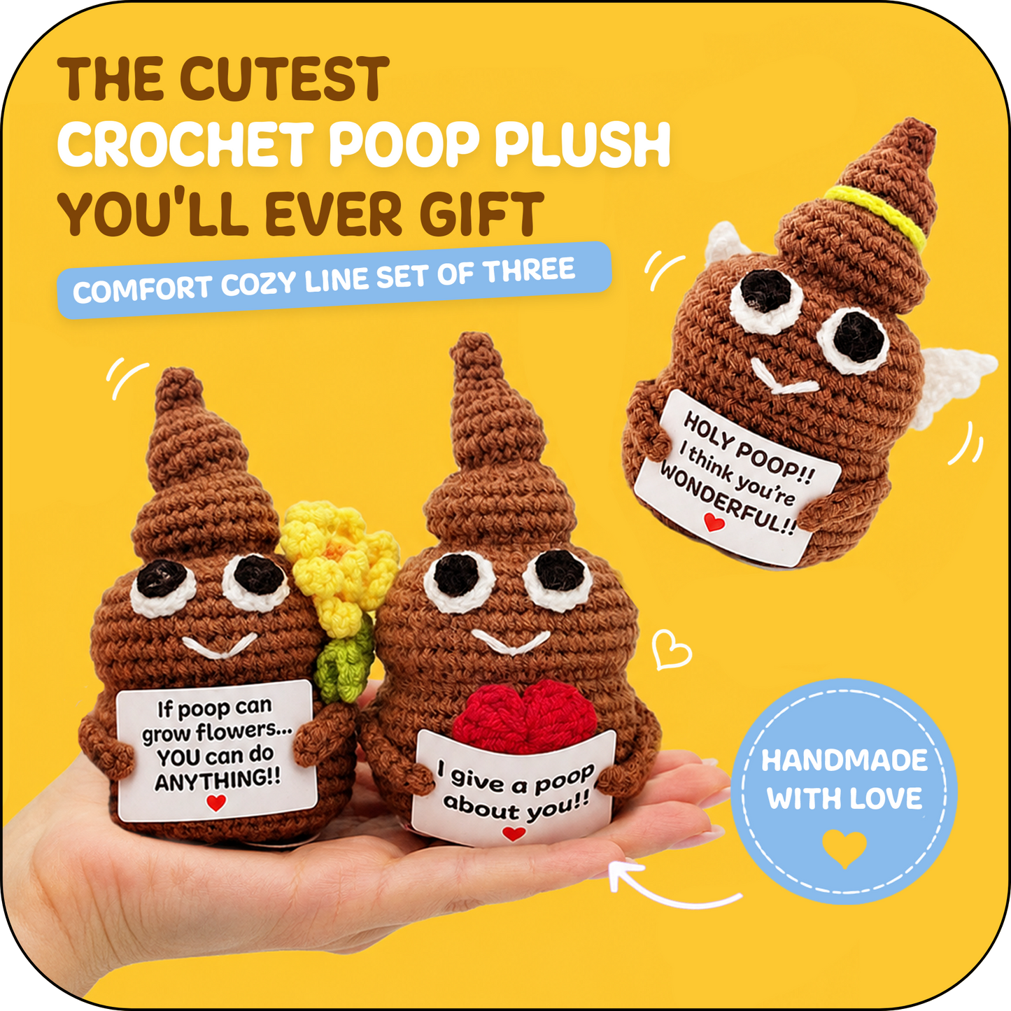 Comfort Cozy Ploppals Variety Set of 3 – Heart, Flower & Holy Emotional Support Crochet Plush with Affirmation Cards, Gift-Ready