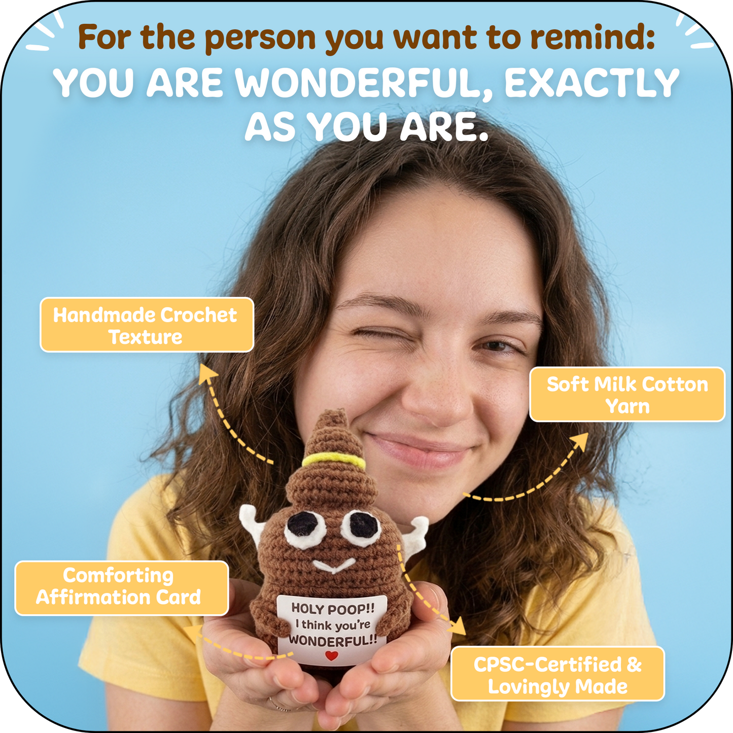 Comfort Cozy Holy Ploppal – Emotional Support Crochet Plush with Affirmation Card, Gift-Ready