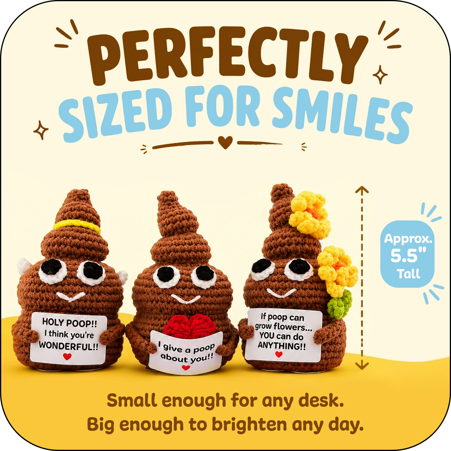 Comfort Cozy Ploppals Variety Set of 3 – Heart, Flower & Holy Emotional Support Crochet Plush with Affirmation Cards, Gift-Ready