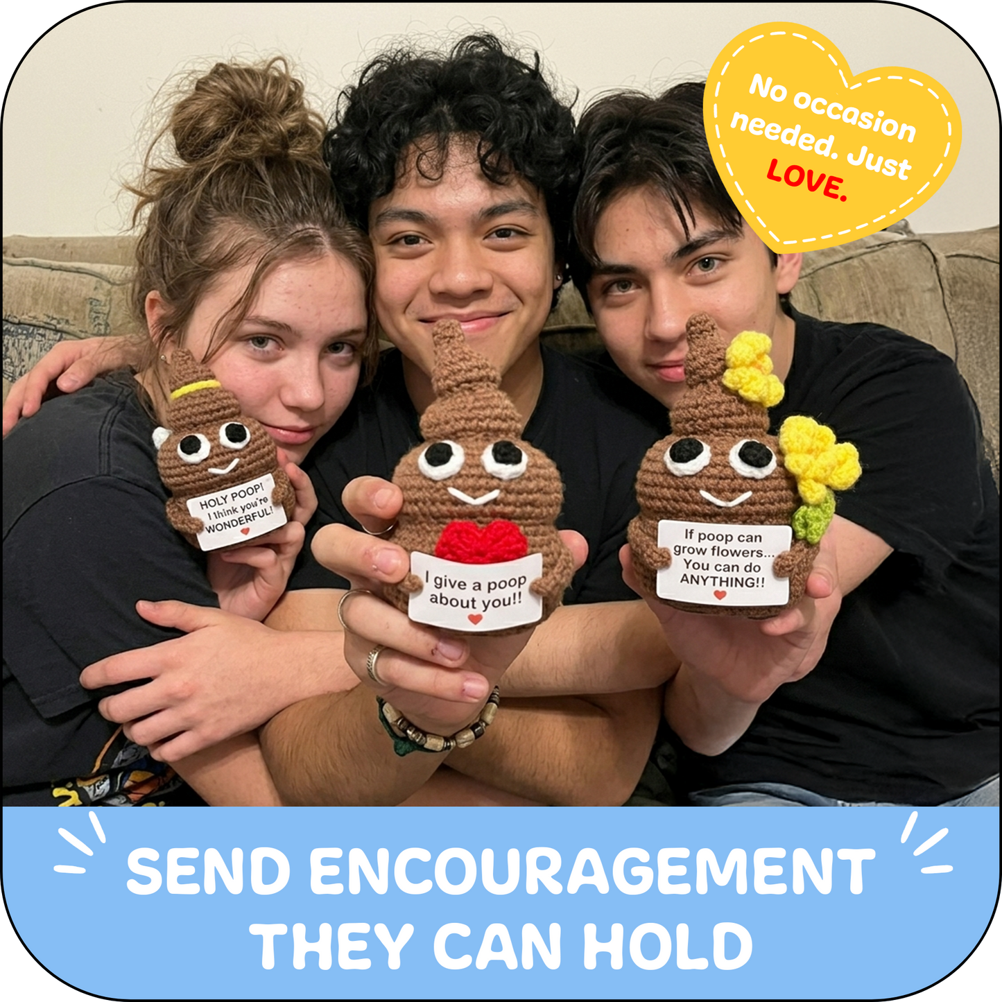 Comfort Cozy Ploppals Variety Set of 3 – Heart, Flower & Holy Emotional Support Crochet Plush with Affirmation Cards, Gift-Ready