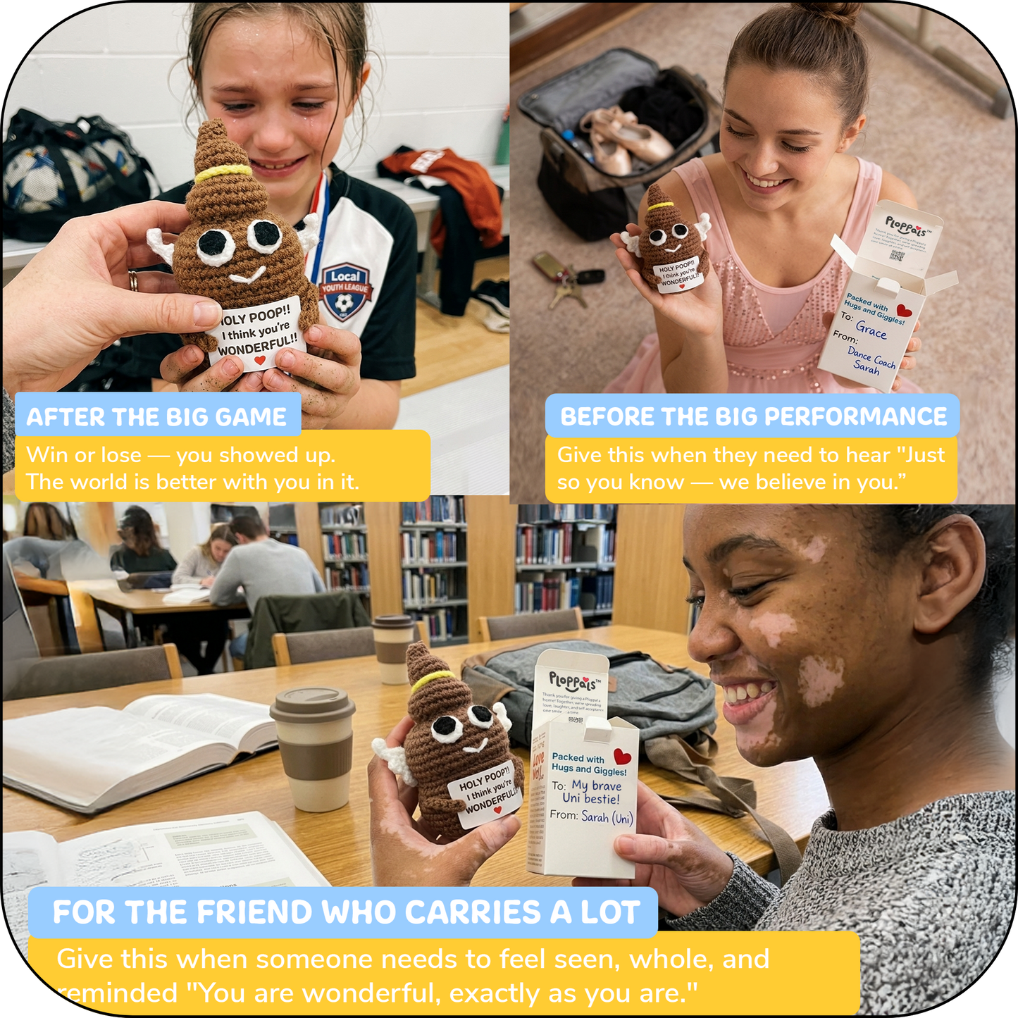 Comfort Cozy Holy Ploppal – Emotional Support Crochet Plush with Affirmation Card, Gift-Ready