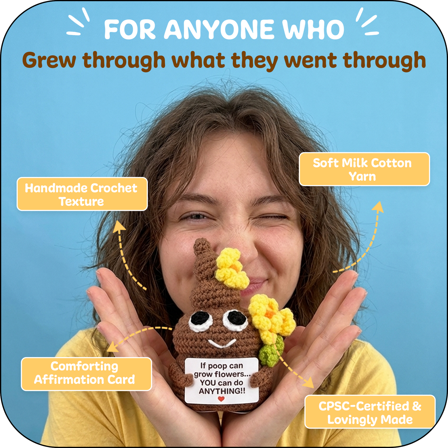 Comfort Cozy Flower Ploppal – Emotional Support Crochet Plush with Affirmation Card, Gift-Ready