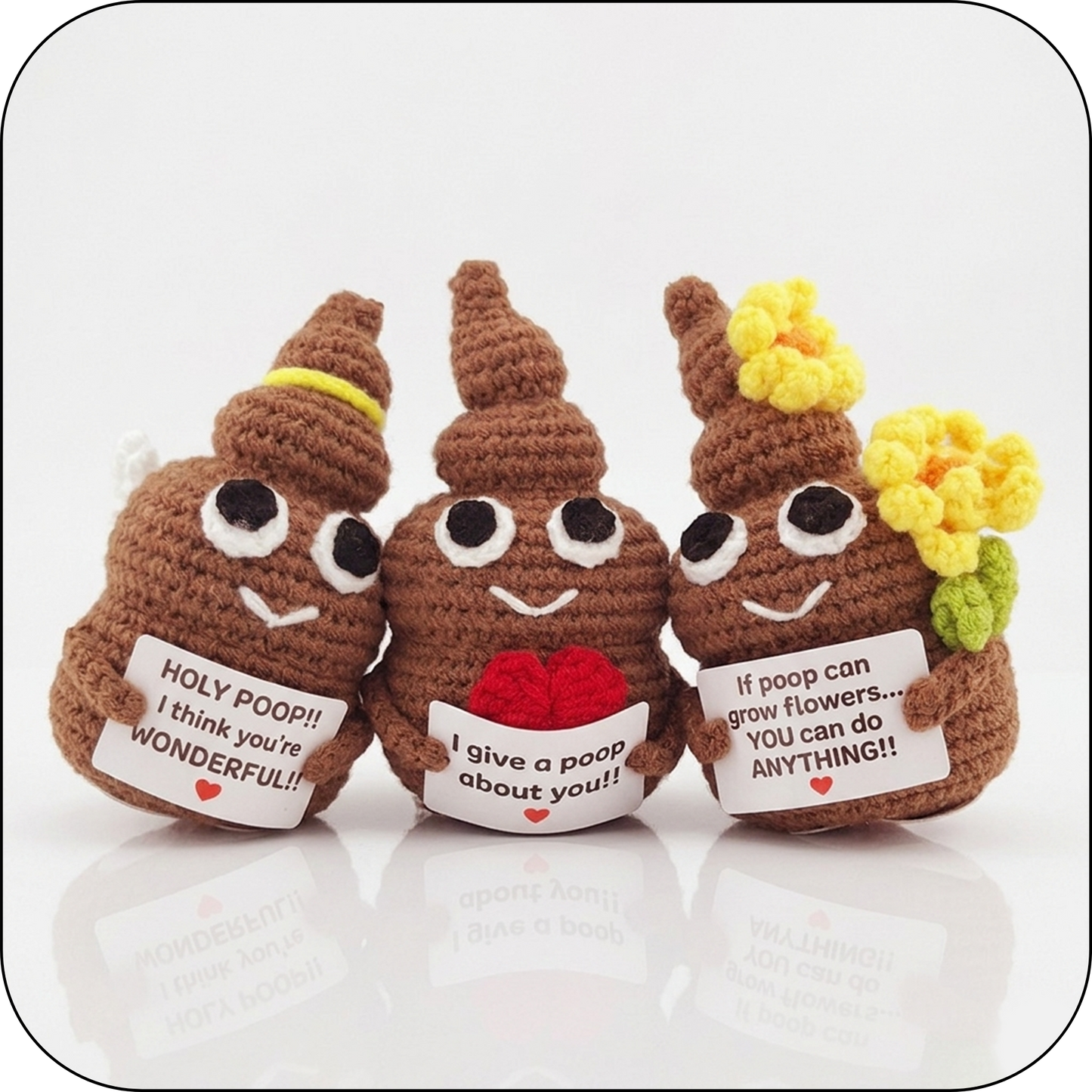 Comfort Cozy Ploppals Variety Set of 3 – Heart, Flower & Holy Emotional Support Crochet Plush with Affirmation Cards, Gift-Ready