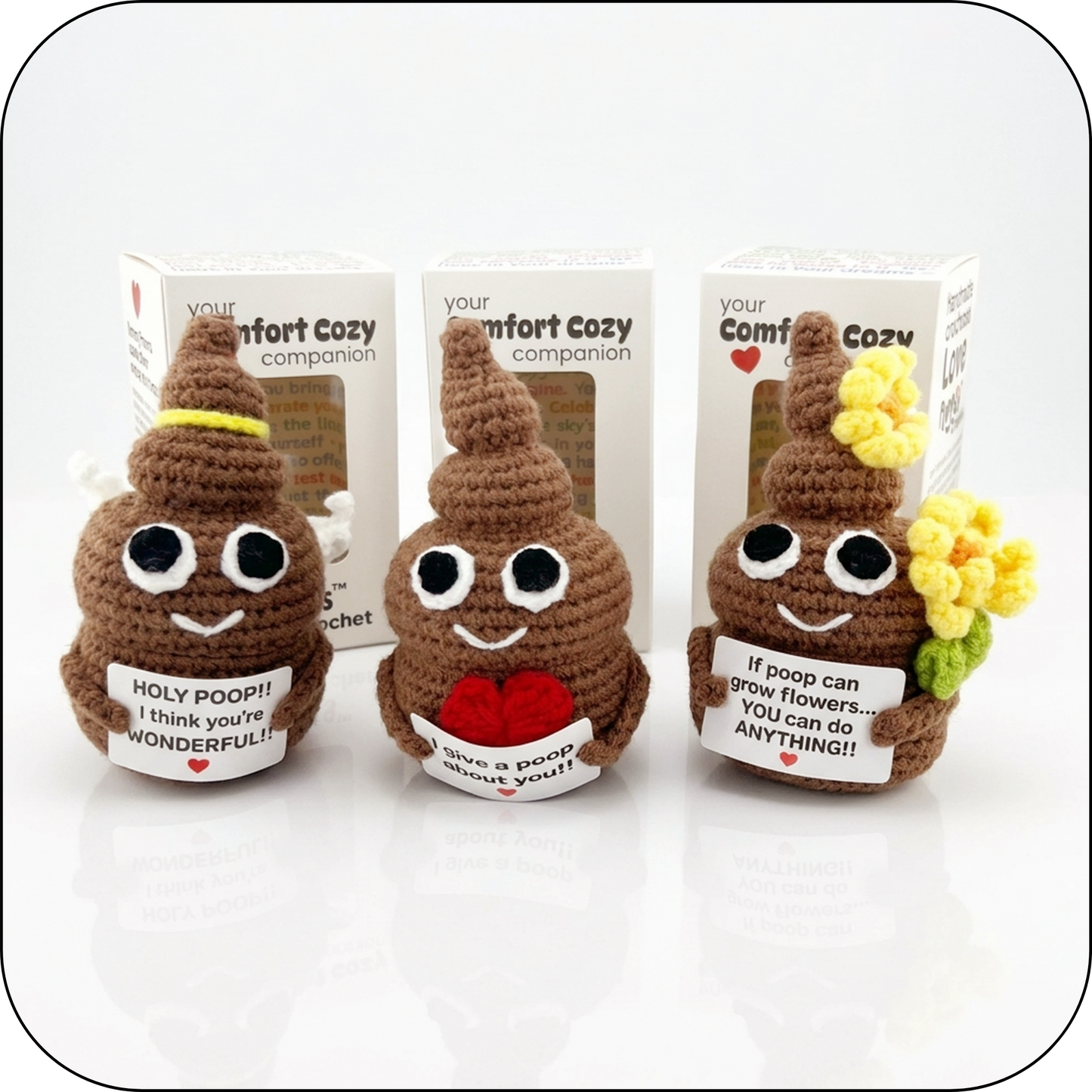 Comfort Cozy Ploppals Variety Set of 3 – Heart, Flower & Holy Emotional Support Crochet Plush with Affirmation Cards, Gift-Ready